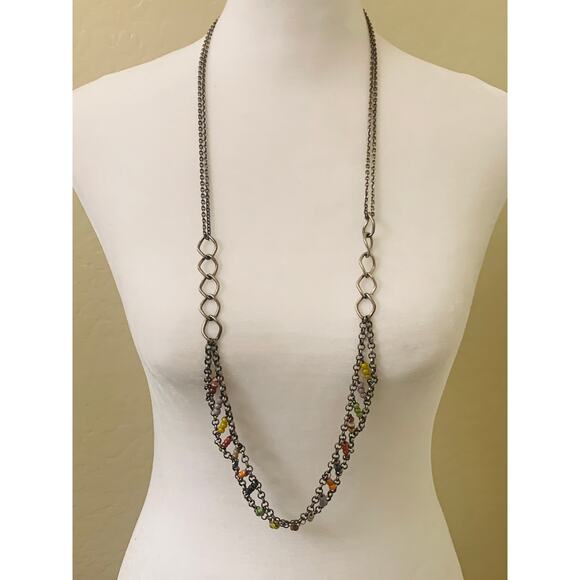 Silver Tone Chain and Multi Colored Beaded Necklace by Rachel, 36" Long - Picture 1 of 12